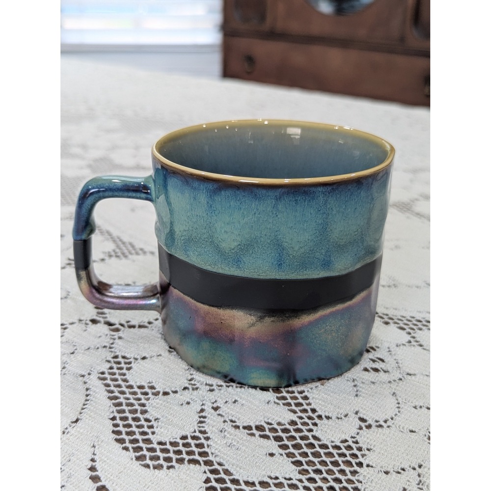 Vintage Coffee Mug Teal Blue Iridescent Studio Pottery Square Handle - Picture 6 of 14